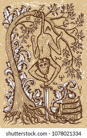 Monkey symbol with sword, book, baroque decorated tree and mystic signs on old texture background. Fantasy engraved illustration. Zodiac animals of eastern calendar, mysterious concept