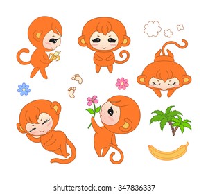 Monkey symbol of the year. Cute cartoon monkeys in different poses.