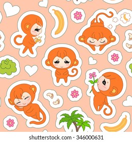 Monkey symbol of the year. Seamless background with cute cartoon monkeys in different poses. 