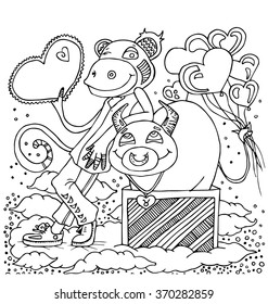 the monkey with taurus celebration valentines day cartoon for coloring hand drawn isolated on the white background