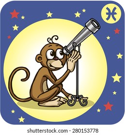 Monkey with telescope and Zodiac sign - Pisces. Vector illustration. Cartoon style.
Emotional little monkey with large expressive eyes - the symbol of 2016.