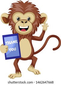 Monkey with thank you sign, illustration, vector on white background.