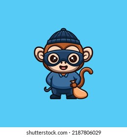 Monkey Thief Cute Creative Kawaii Cartoon Mascot Logo