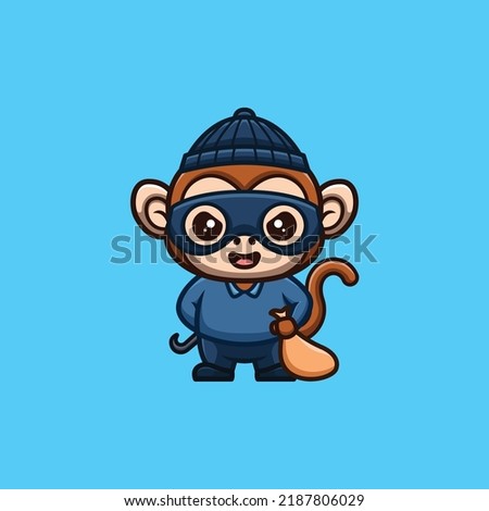 Monkey Thief Cute Creative Kawaii Cartoon Mascot Logo