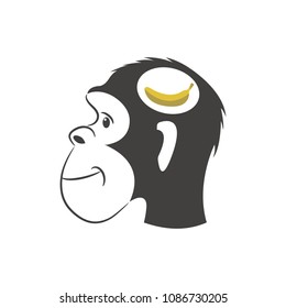 Monkey thinking a banana. Black and white illustration in cartoon style isolated on white background.