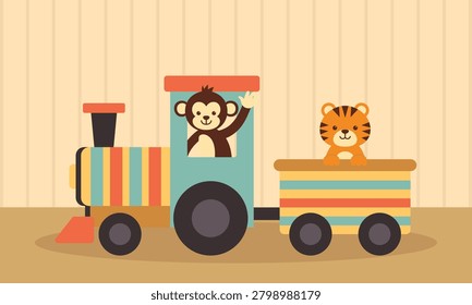 Monkey and tiger cub with locomotive vector illustration