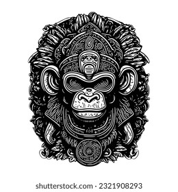 Monkey totem in Mayan, Aztec and Inca style. Print on a T-shirt or logo with a primate.