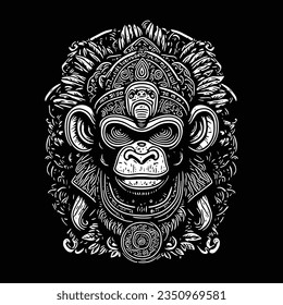 Monkey totem in Mayan, Aztec and Inca style. Print on a T-shirt or logo with a primate.