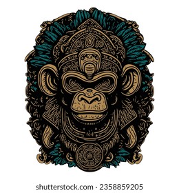 Monkey totem in Mayan, Aztec and Inca style. Print on a T-shirt or logo with a primate.