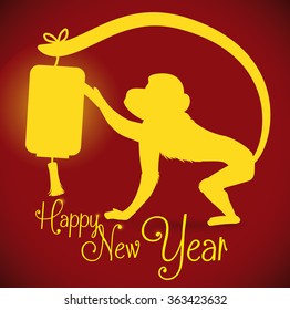 Monkey touching ligthted lantern in its tail silhouette with New Year message.