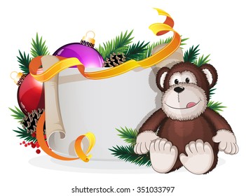 Monkey toy and Christmas wreath with baubles  and parchment on a white background