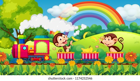 Monkey travel in nature by train illustration