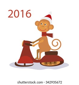 Monkey travel on snowmobile.vector illustration,card Happy New Year 2016.Vector,EPS8.Monkey vector,winter transport,monkey isolated, monkey 2016,monkey cartoon,cute monkey,cute monkey vector,monkey