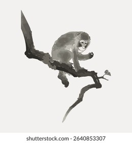 Monkey tree, vintage animal illustration isolated on white, vector.