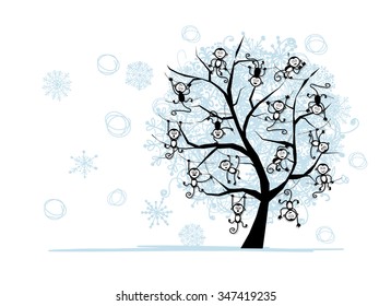 Monkey tree for your design. Symbol of 2016 year. Vector illustration