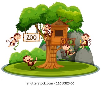 Monkey at treehouse in the zoo illustration