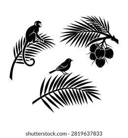 A monkey and two birds sit on palm tree branches with lush leaves and tropical fruit, evoking a jungle atmosphere