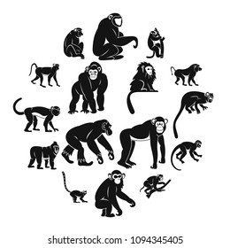 Monkey types icons set. Simple illustration of 16 monkey types vector icons for web