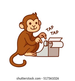 Monkey With Typewriter, Humorous Cartoon Illustration. Cute Vector Drawing.