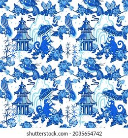 Monkey with umbrella and pagodas. Seamless pattern with hand drawn illustrations with chinoiserie theme