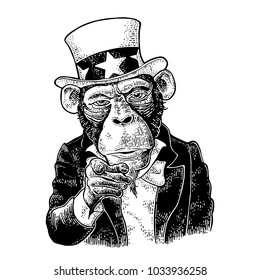 Monkey Uncle Sam with pointing finger at viewer, from front. I Want You. Vintage black engraving illustration for recruiting poster. Isolated on white background. Hand drawn design element