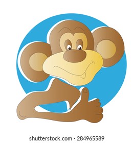 A monkey with upraised thumb. The image in the blue circle.