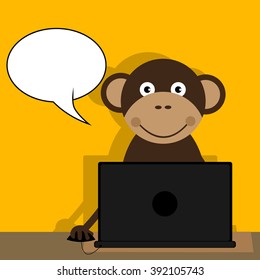 Monkey using a computer with blank speech bubble