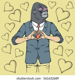 Monkey Valentine day vector concept. Illustration of african gorilla head on human body. Monkey showing heart shape