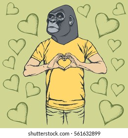 Monkey Valentine day vector concept. Illustration of african gorilla head on human body. Monkey showing heart shape