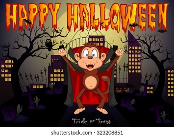 Monkey vampire with city background for happy halloween vector illustration