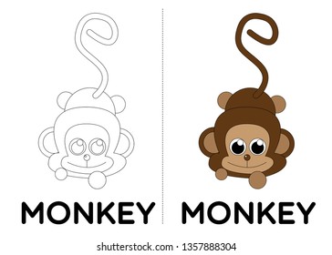 monkey, vector animal cartoon, coloring book or page