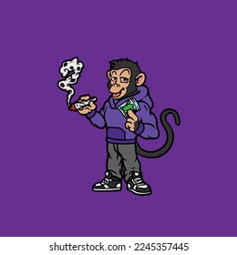 personaje de vector de mono caricatura animal mascota fumando brunt y articulación de la flor de maleza nug cannabis marihuana