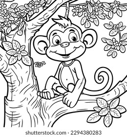 Monkey vector coloring book black and white for adults isolated line art on white background.