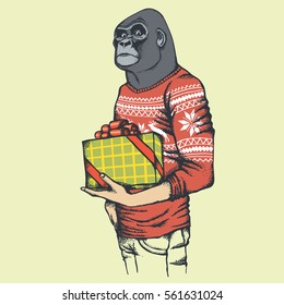 Affenvektorkonzept. Illustration afrikanischer Gorilla in menschlichem Pullover oder Pullover