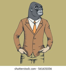 Monkey Vector Concept. Illustration Of African Gorilla In Human Suit