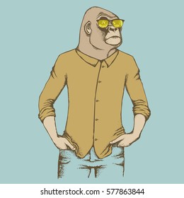 Monkey Vector Concept. Illustration Of African Gorilla In Human Suit. The Most Dangerous Ape And Biggest Monkey