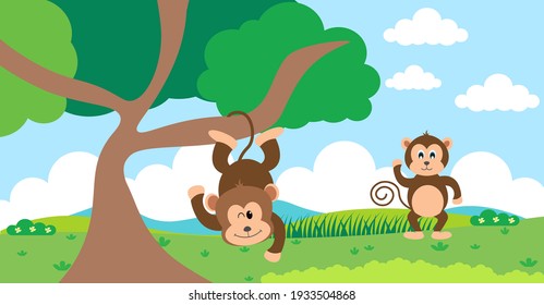 Monkey Vector Cute Animals in Cartoon Style, Wild Animal, Designs for Baby clothes. Hand Drawn Characters