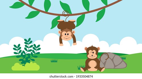 Monkey Vector Cute Animals in Cartoon Style, Wild Animal, Designs for Baby clothes. Hand Drawn Characters