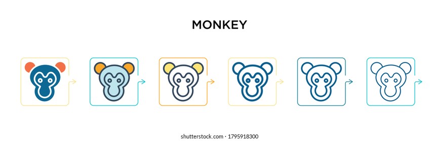 Monkey vector icon in 6 different modern styles. Black, two colored monkey icons designed in filled, outline, line and stroke style. Vector illustration can be used for web, mobile, ui