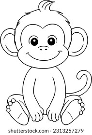 Monkey vector illustration. Black and white outline Monkey coloring book or page for children