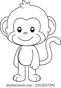 Monkey vector illustration. Black and white outline Monkey coloring book or page for children