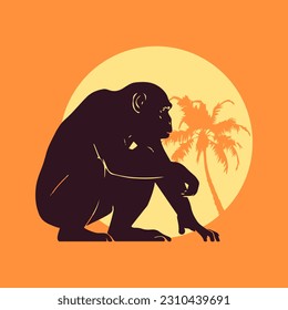 Monkey vector illustration isolated silhouette logo design template with monkey cute with palm sun tropical 