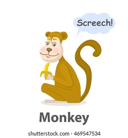 Monkey vector illustration.Cartoon cute primate with banana isolated on a white background.Cheerful Chimpanzee with speech bubble.From the series what the say animals.Zoo or jungle animal monkey
