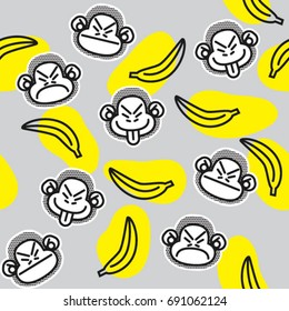 monkey vector pattern seamless with banana and yellow spots