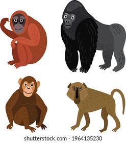 Monkey. Vector set. chimpanzee, orangutan, gorilla, baboon