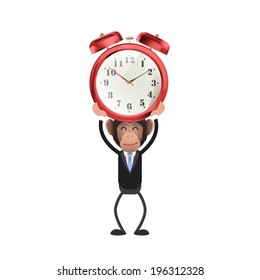 monkey with vintage clock over white background