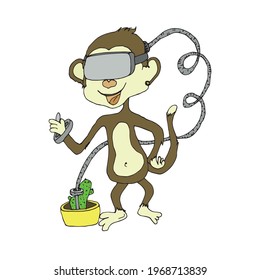 Monkey in a virtual reality helmet. The macaque plays computer games. The cable is plugged into the cactus. Bright funny illustration. VR glasses.