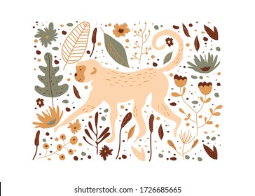 Monkey Walking in Rainforest. Wild Animal Among Foliage Vector Illustration. Jungle Mammal and Wild Flora Poster