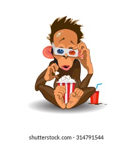Monkey watching a movie in 3D glasses and eating popcorn. Vector illustration on white background EPS10.