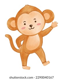 Monkey . Watercolor paint design . Cute animal cartoon character . Raise hand position . Vector .
